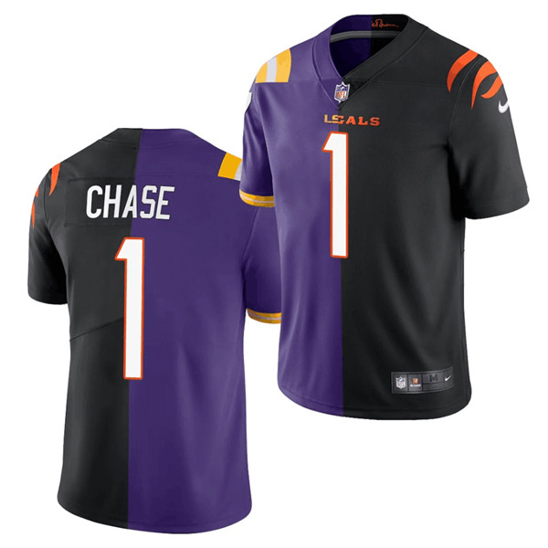 Men's Cincinnati Bengals #1 Ja'Marr Chase 2021 Black/Purple NFL Split Stitched Jersey